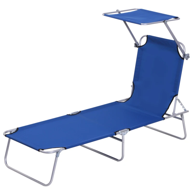 Outsunny Outdoor Lounge Chair, Adjustable Folding Chaise Lounge,  Tanning Chair with Sun Shade for Beach, Camping, Hiking, Backyard, Blue