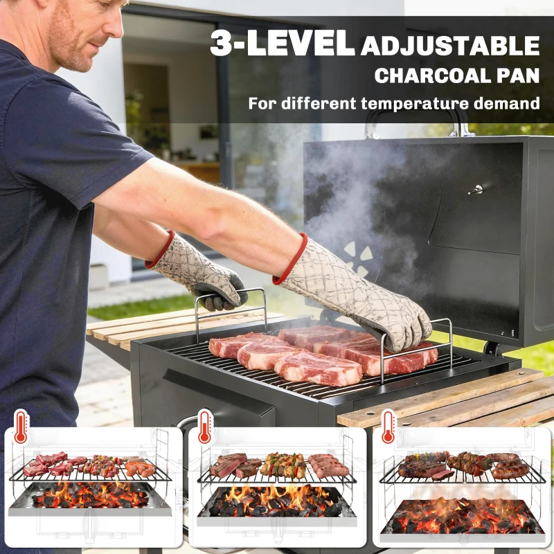 Outsunny 20" Charcoal BBQ Grill Barbecue on Wheels with Adjustable Charcoal Pan, Spacious Cooking Area, 3 Shelves, Thermometer