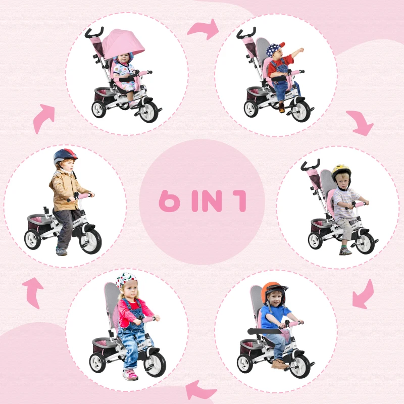 Qaba 6 in 1 Tricycle for Toddler 1-5 Years with Parent-Push Handle, Pink