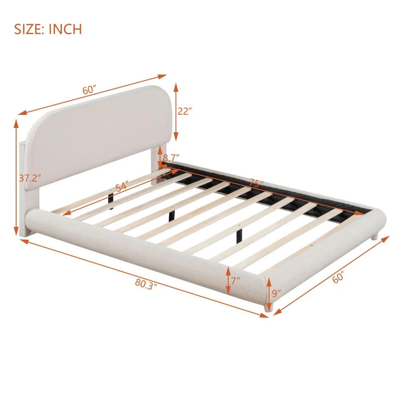 Full Size Upholstered Bed with Curved Headboard and Footboard, Sturdy Bedboard with Plywood & MDF Frame, 80.5'' L x 60'' W x 37'' H, Beige