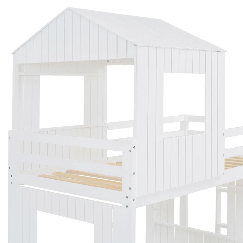 Twin-Over-Full Playhouse Bunk Bed Loft with Slide and 3-Step Ladder, Farmhouse Bed Frame with Guardrails, 82'' L x 89'' W x 82.5'' H, White