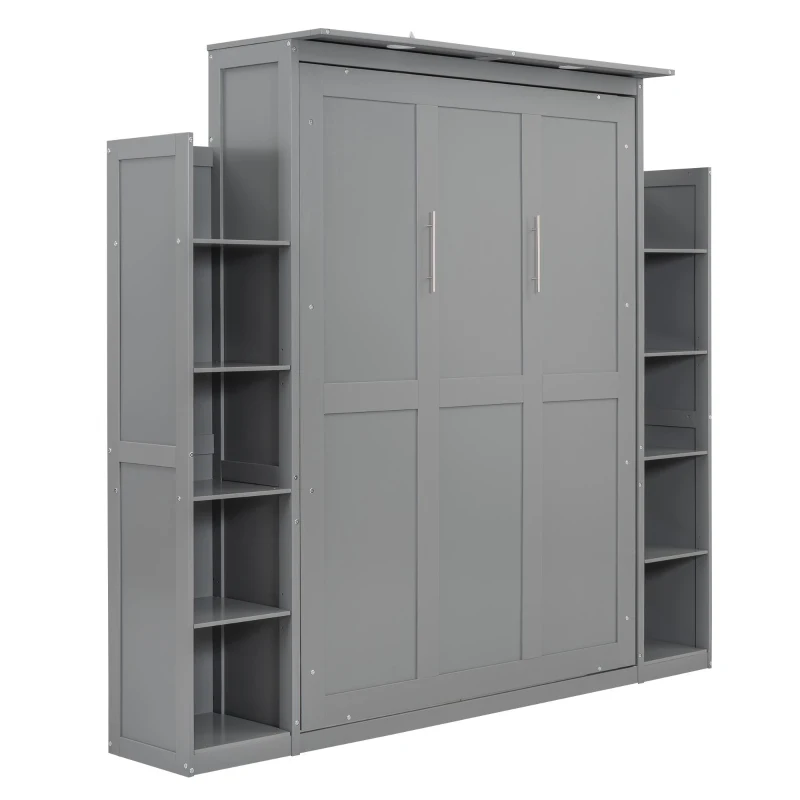 Full Size Murphy Bed with Shelves, LED Lights, Space-Saving Wall Bed with Flexible Slats, Dual Piston Mechanism, 91" L x 81" W x 84" H, Grey