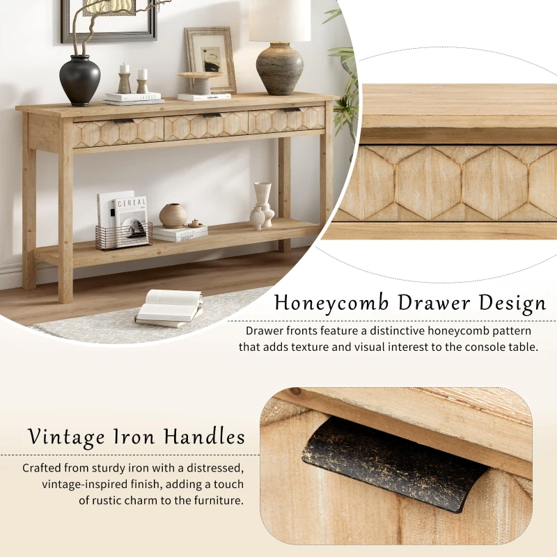 Modern Entryway Table with Bottom Open Shelf and Iron Handles, Multi-Functional Console with Wide Surface, 60'' L x 15.5'' W x 31'' H, Natural