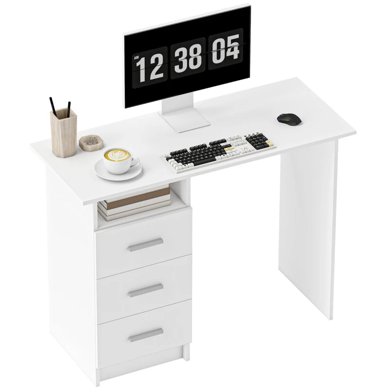 HOMCOM Computer Desk with Storage, 39" Home Office Desk with 3 Drawers nad Open Shelf, Writing Table for Bedroom, White