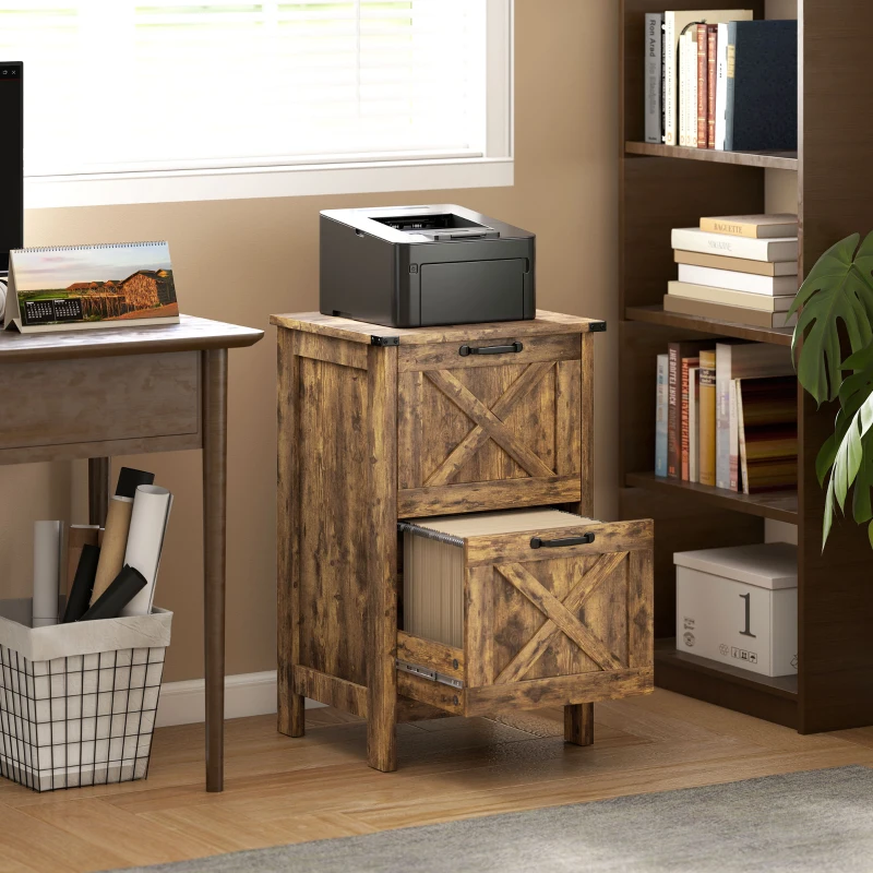 HOMCOM Vertical File Cabinet with 2 Drawers, Rustic Farmhouse Office Storage Cabinet for A4, Letter Size, Rustic Brown