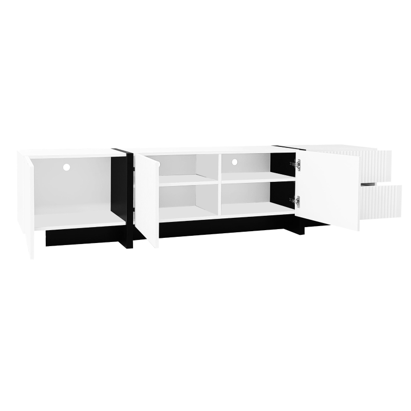 Modern TV Cabinet with Ample Storage and Soft-Close Hinges, Sturdy TV Stand for Living Rooms, 74.5'' L x 14'' W x 17.5'' H, Black+White