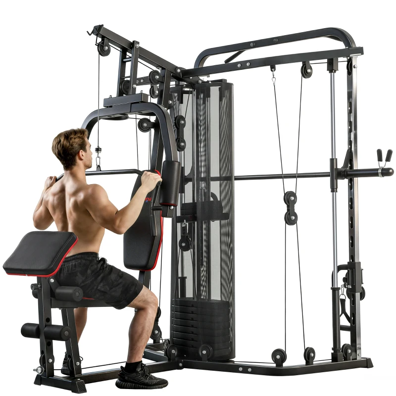 Soozier Home Multi Gym Smith Machine with 143LBS Weight Stack, Cable Pulley System, Chest Station, Preacher Pad, Leg Developer