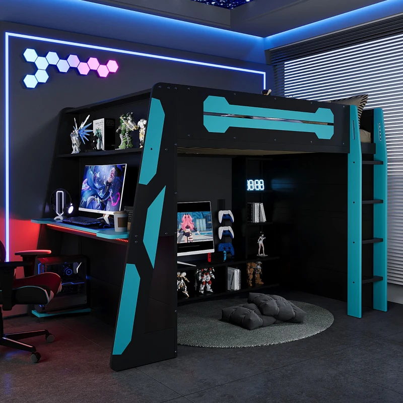 Full Size Wood Loft Bed with Integrated Desk and RGB Lighting, Esports-Style Bed with Multi-Tier Shelves, 93.5'' L x 55.5'' W x 65'' H, Blue