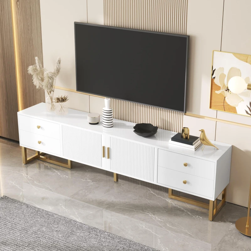 Modern TV Cabinet with Textured Doors, 4 Drawers & 2 Cabinets, Solid TV Stand with Metal Handles and Legs, 69'' L x 12'' W x 17.5'' H, White