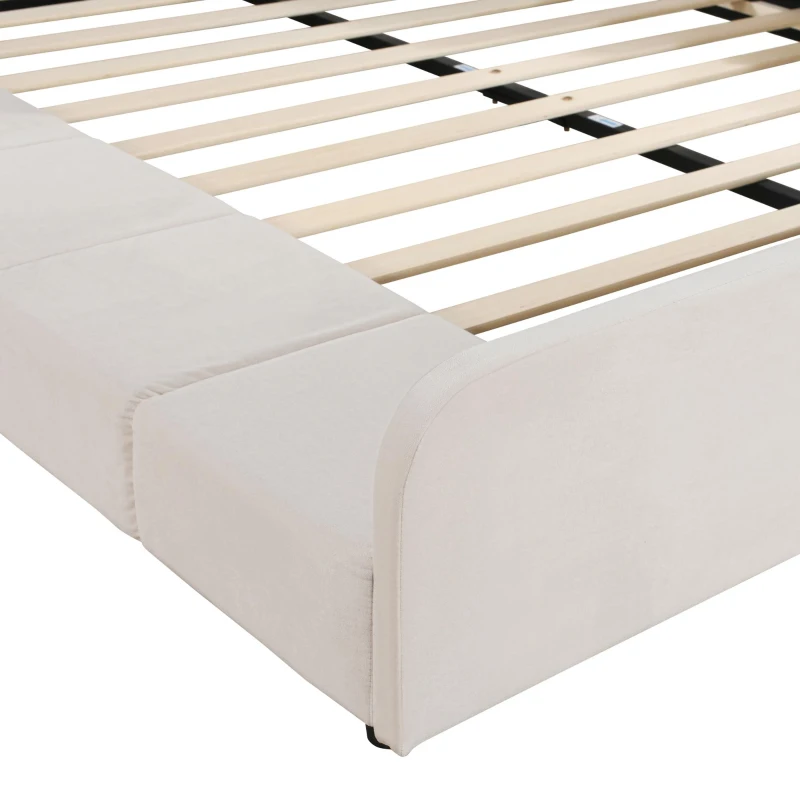 Queen Size Upholstered Bed with Built-In Bedside Desk and Round Stool, Solid Bedboard with Sturdy MDF Frame, 85'' L x 73'' W x 29'' H, Beige