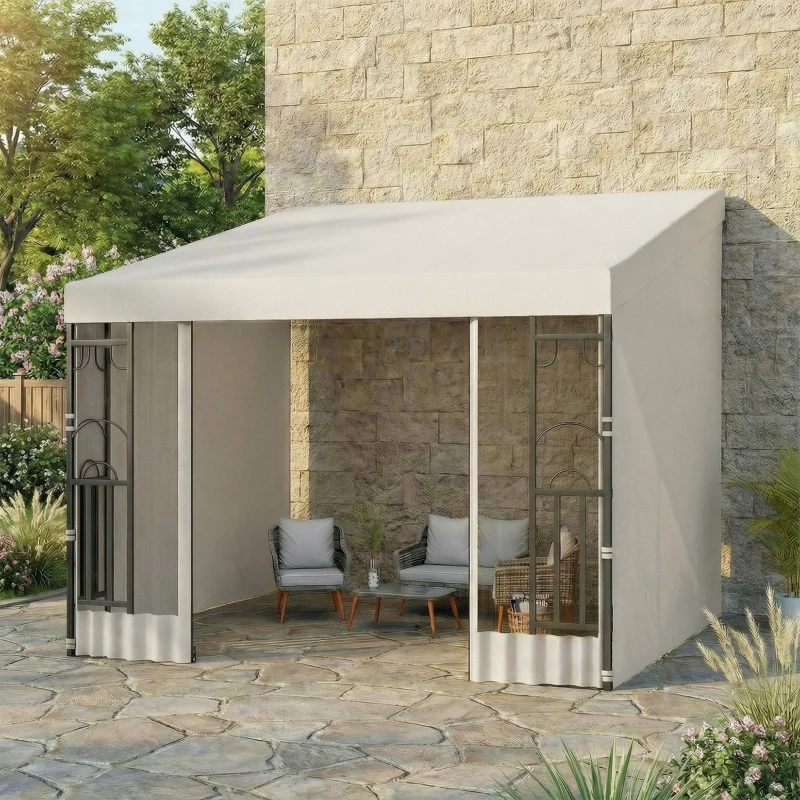 Outsunny 10' x 10' Wall Pergola, Outdoor Gazebo with 2 Curtains and 2 Nettings, UV Resistant, for Patio, Deck, Beige
