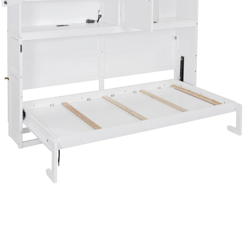 Twin Size Wall Murphy Bed with Built-in Light and Dual-Piston Lift, Space-Saving Foldable Bed with Top Cabinet, 83'' L x 15.5'' W x 90.5'' H, White