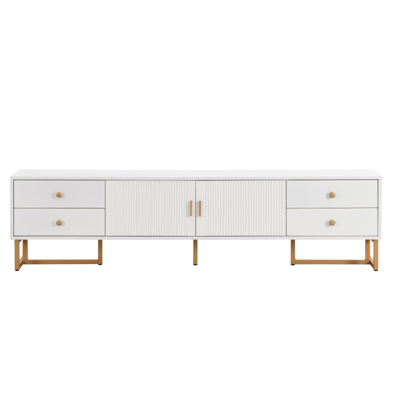 Modern TV Cabinet with Textured Doors, 4 Drawers & 2 Cabinets, Solid TV Stand with Metal Handles and Legs, 69'' L x 12'' W x 17.5'' H, White
