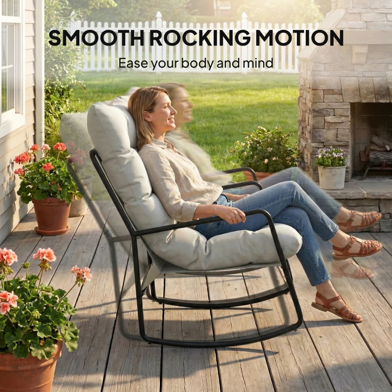 Outsunny 2-Person Outdoor Rocking Chair, Rocking Outdoor Bench with Cushions and Mesh Seat, 528 LBS Capacity, Light Grey