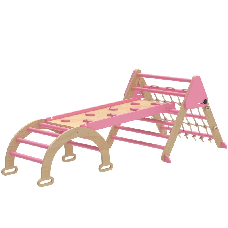 Qaba 8-in-1 Pikler Triangle Set, Foldable Wooden Climbing Toys with Arch, Ramp and Ladder for Ages 18-48 Mouths, Pink
