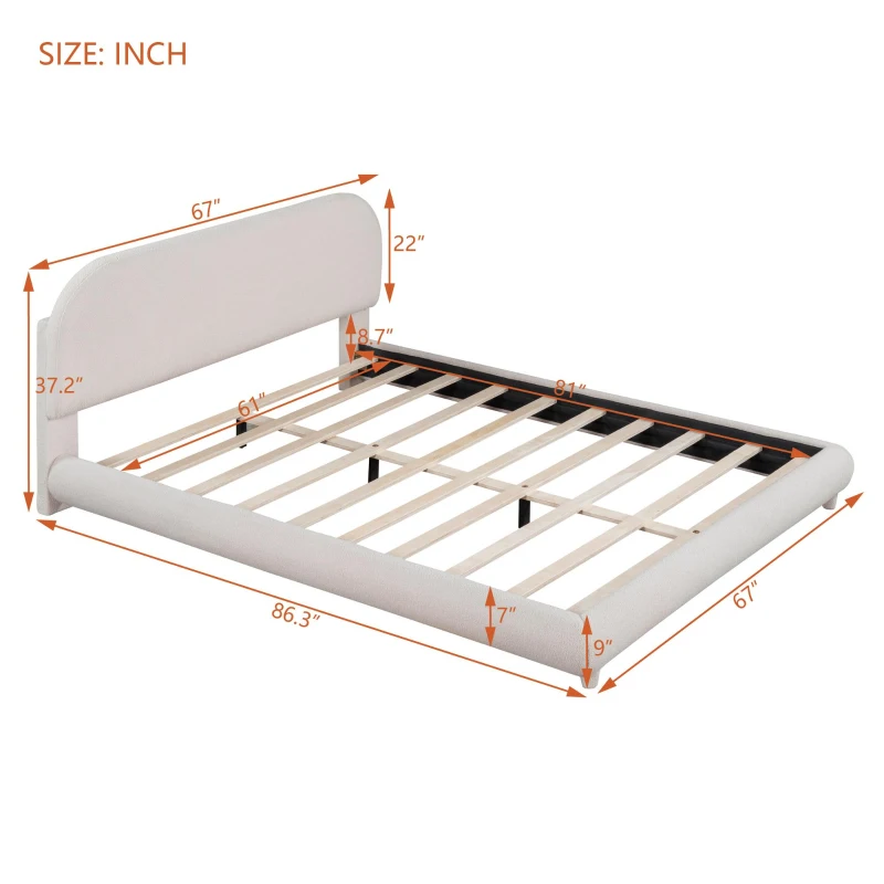 Queen Size Upholstered Platform Bed with Curved Headboard and Footboard, Solid Bedboard with Wooden Slats, 86.5'' L x 67'' W x 37'' H, Beige