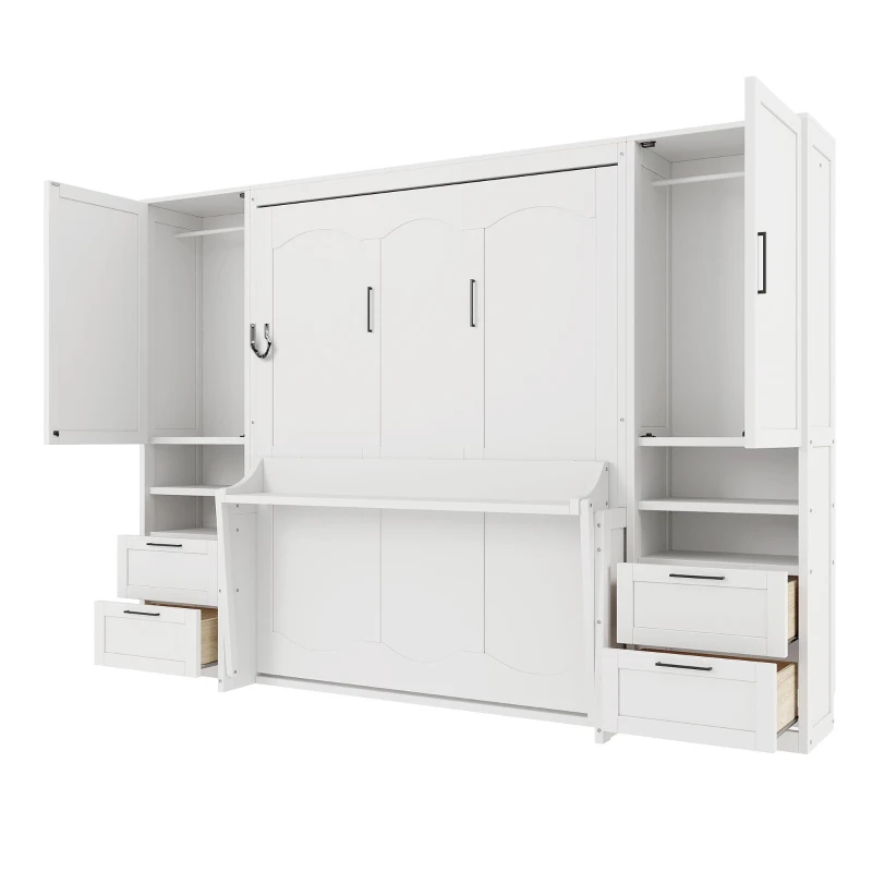 Queen Size Murphy Wall Bed with Built‑in Wardrobes, Drawers, Space‑Saving Bed with Integrated Storage, 113.5'' L x 16.5'' W x 87'' H, White