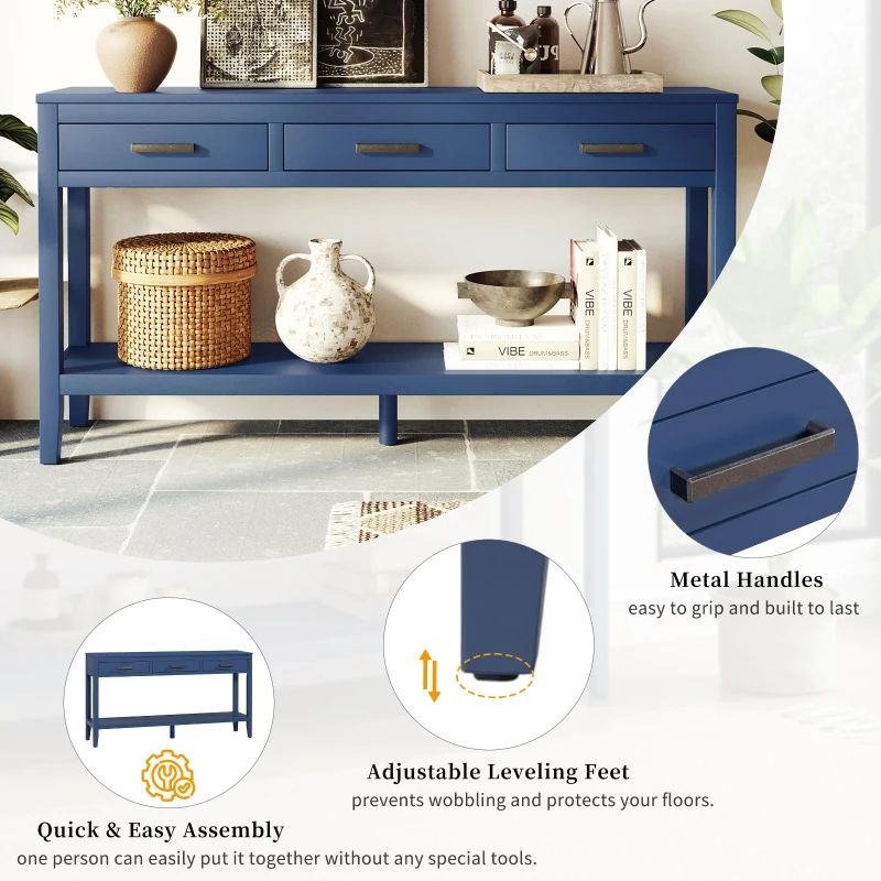 Farmhouse Entryway Table with Wide Top and Open Bottom Shelf, Minimalist Console with Adjustable Feet, 59'' L x 14'' W x 31.5'' H, Navy Blue
