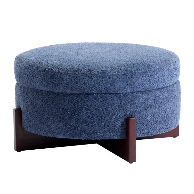 Round Tufted Ottoman with Upholstered Top and Solid Wood Legs, Versatile Coffee Table with Hidden Storage, 32'' L x 32'' W x 18'' H, Blue