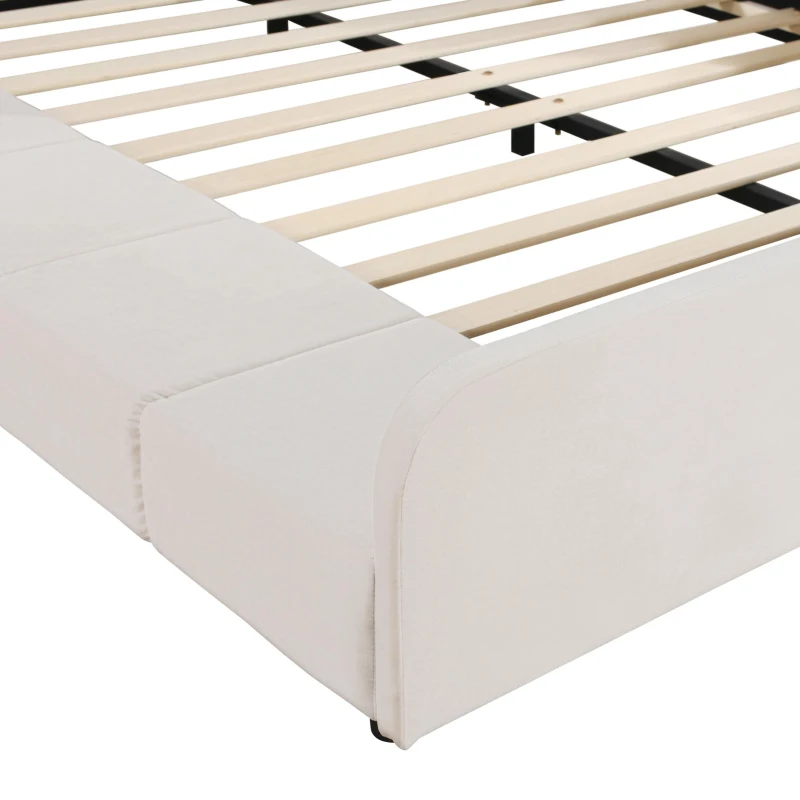 Full Size Upholstered Platform Bed with Built-In Bedside Desk and Round Stool, Solid Bedboard for Families, 80'' L x 68'' W x 29'' H, Beige