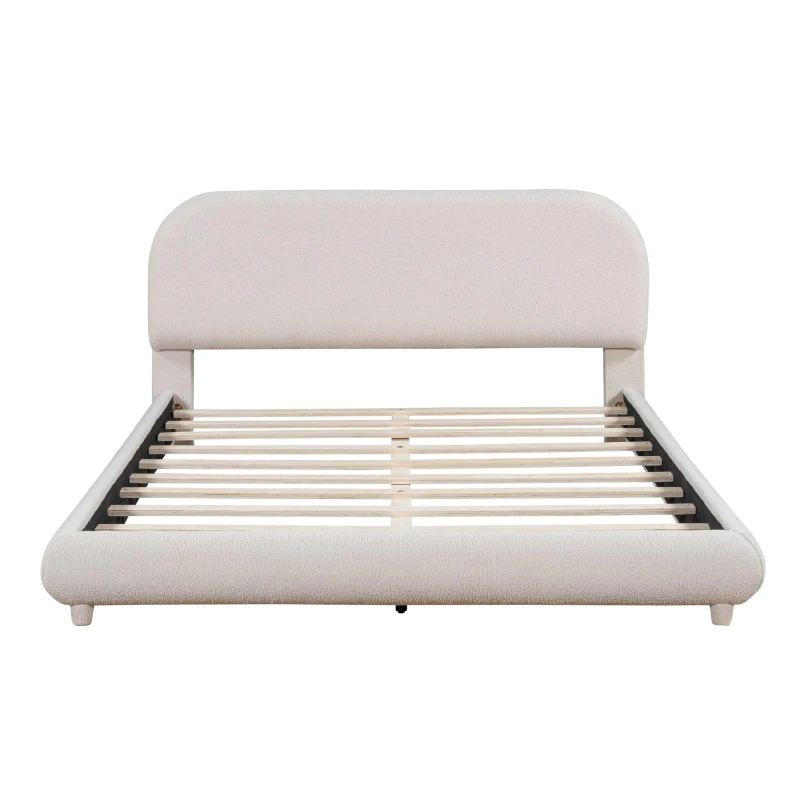 Queen Size Upholstered Platform Bed with Curved Headboard and Footboard, Solid Bedboard with Wooden Slats, 86.5'' L x 67'' W x 37'' H, Beige