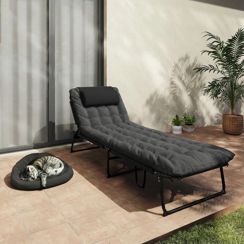Outsunny Folding Lounge Chair with 4-level Reclining Back & Cushion, Dark Grey