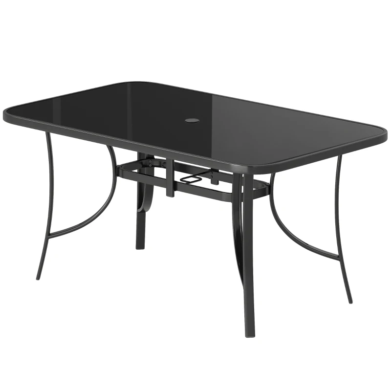 Outsunny Outdoor Dining Table for 6 with Umbrella Hole, Metal Patio Dining Table with Tempered Glass Top