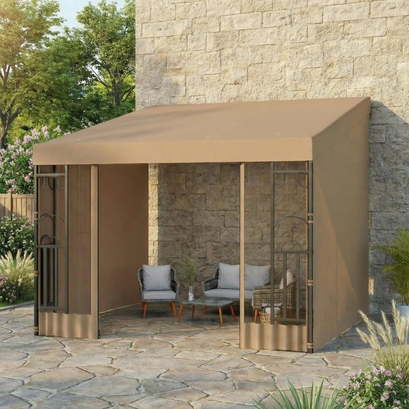 Outsunny 10' x 10' Wall Pergola, Outdoor Gazebo with 2 Curtains and 2 Nettings, UV Resistant, for Patio, Deck, Khaki
