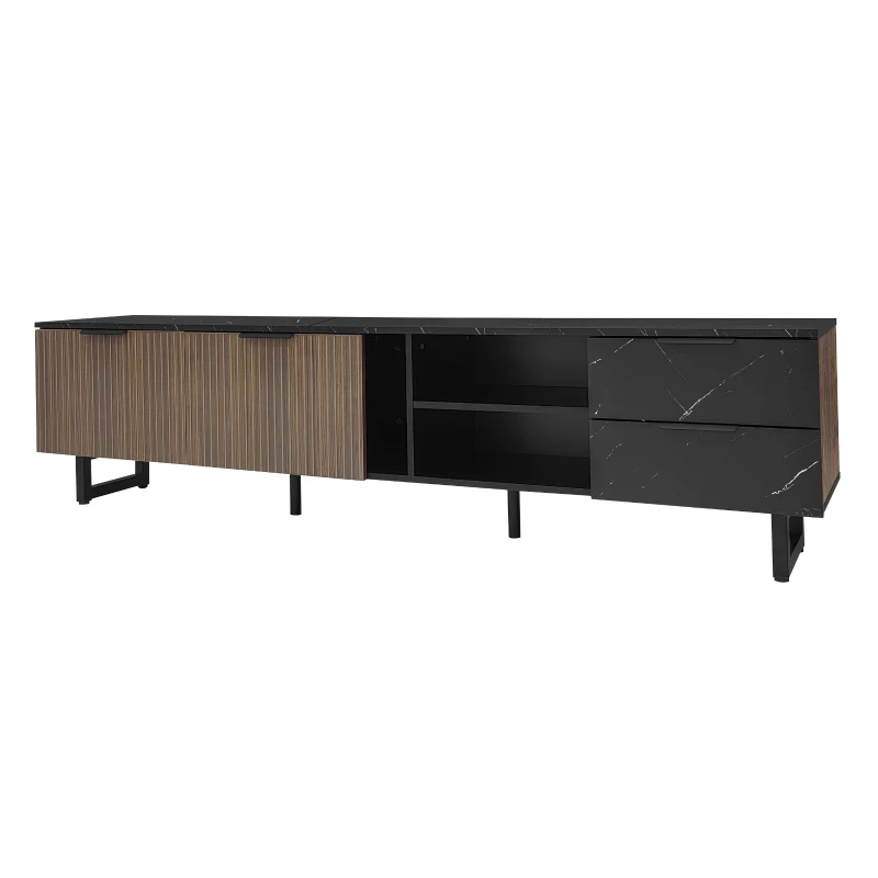 Modern TV Cabinet with 2 Doors, Drawers and Open Shelves, Stylish Storage Cabinet with LED Lighting, 78.5'' L x 20'' W x 15'' H, Black+Wood
