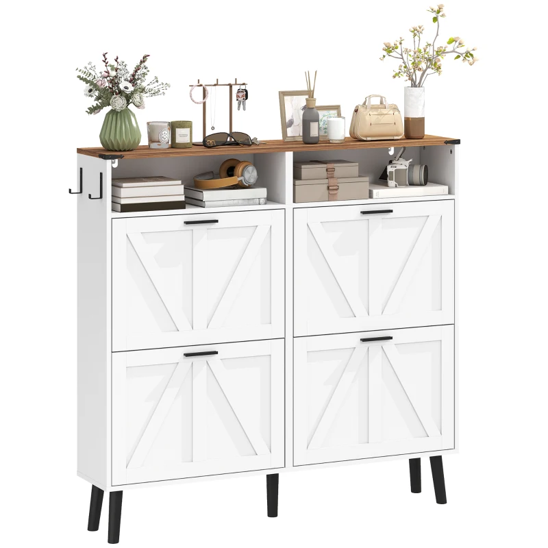 HOMCOM Shoe Storage Cabinet with 4 Flip Drawers, Farmhouse Narrow Shoe Cabinet, Holds Up to 24 Pairs, White