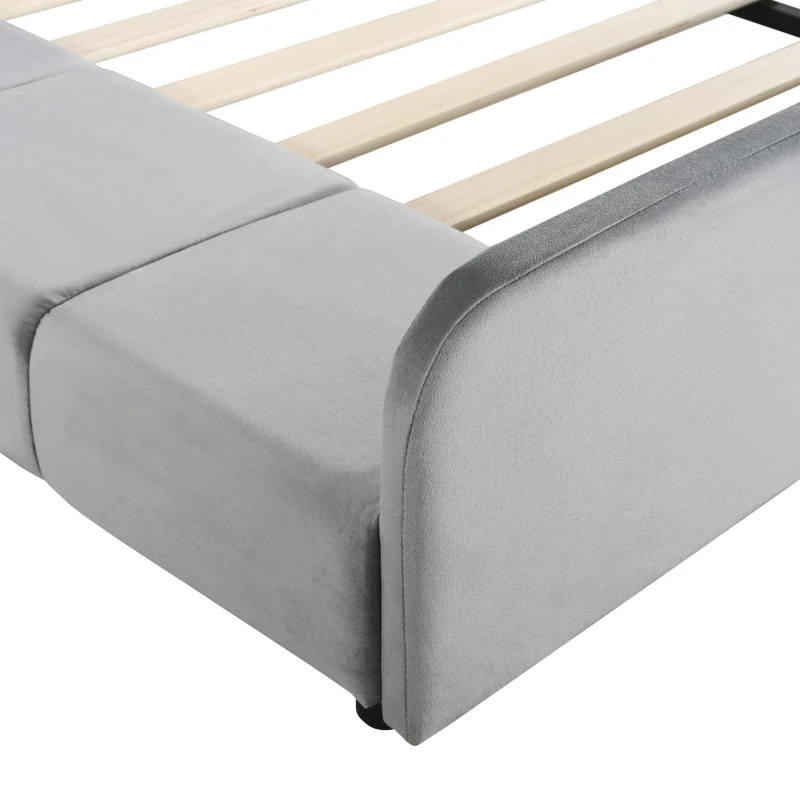 Full Size Upholstered Bed with Built-in Bedside Desk and Round Stool, Solid Bedboard with Plywood & MDF Frame, 80'' L x 68'' W x 29'' H, Gray