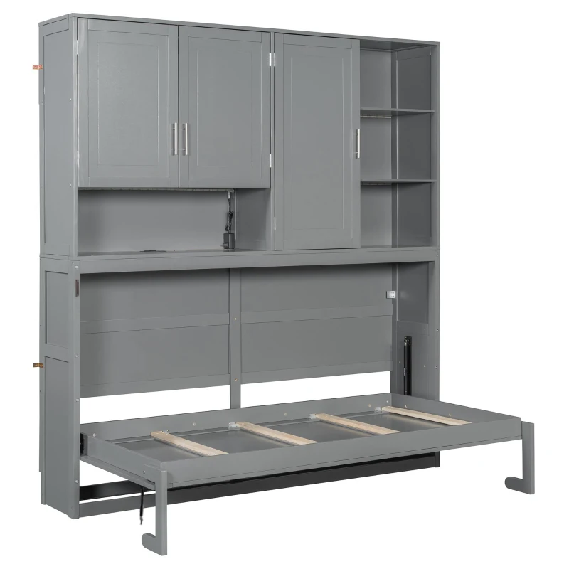 Twin-Size Wall Murphy Bed with Integrated Storage, Flexible Slat, Foldaway Bed with Dual-Piston Mechanism, 83'' L x 15.5'' W x 90.5'' H, Gray