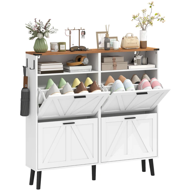 HOMCOM Shoe Storage Cabinet with 4 Flip Drawers, Farmhouse Narrow Shoe Cabinet, Holds Up to 24 Pairs, White