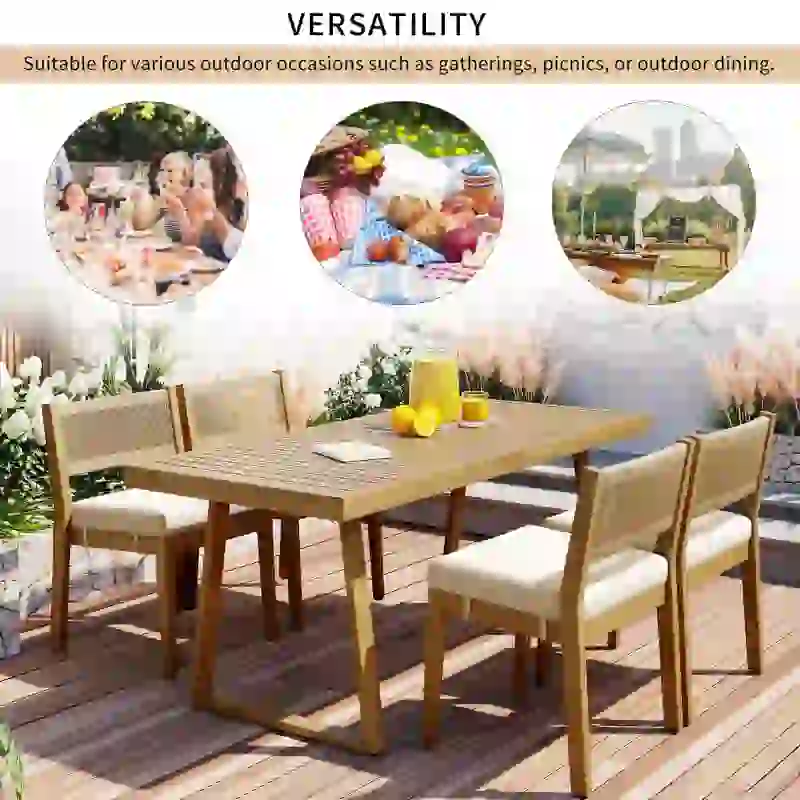 Outdoor Dining Set with HDPE Chair Backs and Foam Cushions, Multi-Person Patio Set for Balcony and Garden, 63'' L x 31.5'' W x 32.5'' H, Beige