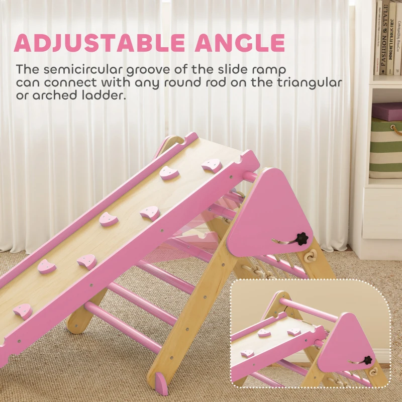 Qaba 8-in-1 Pikler Triangle Set, Foldable Wooden Climbing Toys with Arch, Ramp and Ladder for Ages 18-48 Mouths, Pink