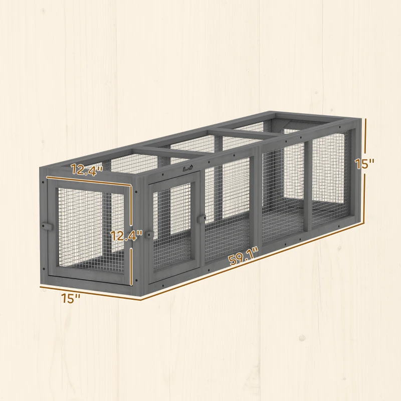 PawHut Outdoor Cat Tunnel, 59" Wooden Play Cat Enclosure, Extendable Pet Run with 3 Doors for Kitty, Puppy, Gray