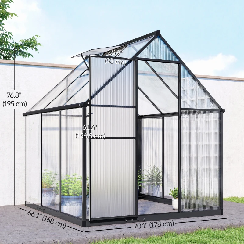 Outsunny Polycarbonate Greenhouse with Swing Door and Adjustable Window, Walk-in Greenhouse with Rain Gutter, 6 x 6.5ft, Black