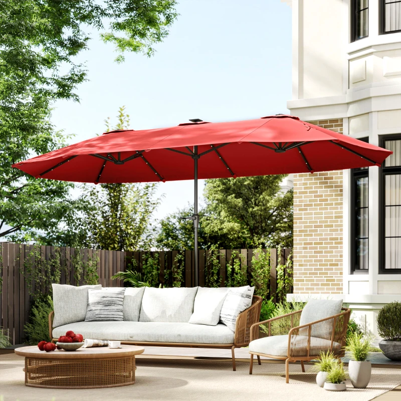 Outsunny 13ft Double-Sided Market Umbrella, Large Patio Umbrella with Solar Lights, Crank Handle for Garden, Pool, Yard, Wine Red