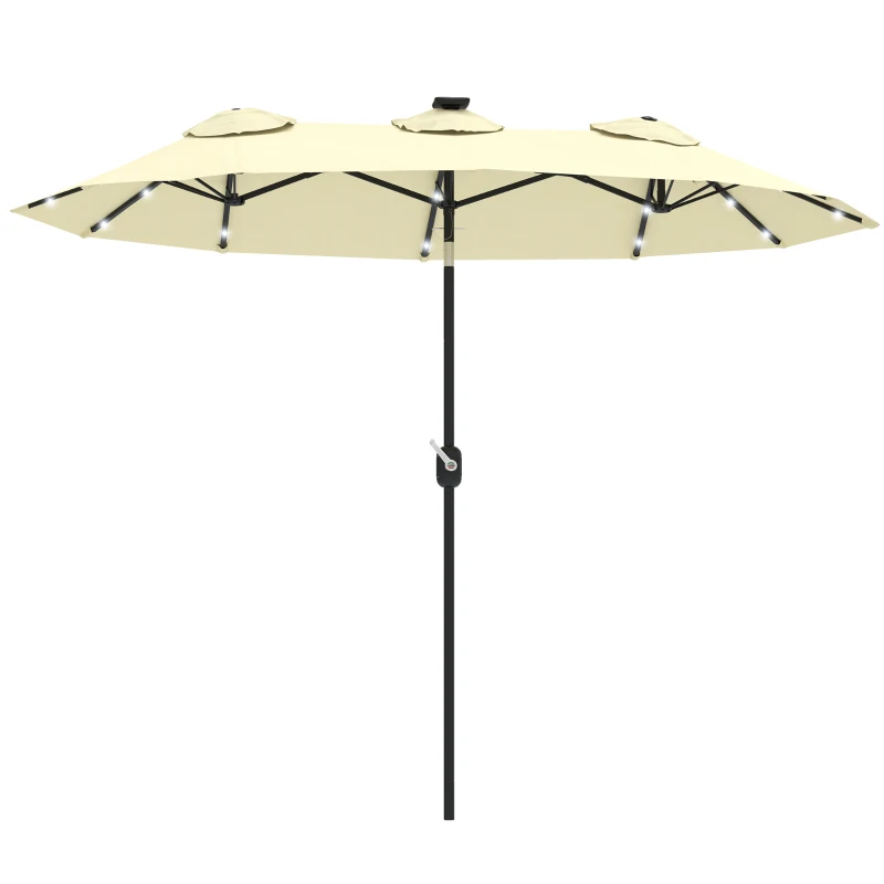 Outsunny Double-sided Patio Umbrella, 9.7' Outdoor Umbrella with Tilt and Crank, LED Solar Light and 12 Ribs, Cream White