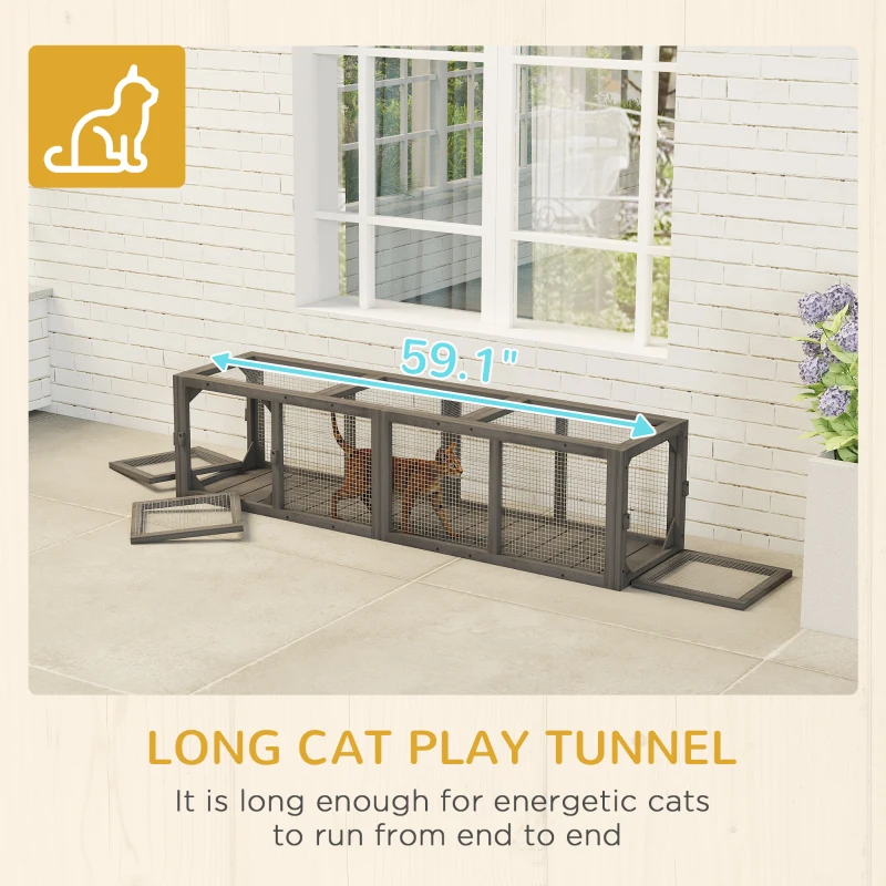 PawHut Outdoor Cat Tunnel, 59" Wooden Play Cat Enclosure, Extendable Pet Run with 3 Doors for Kitty, Puppy, Gray