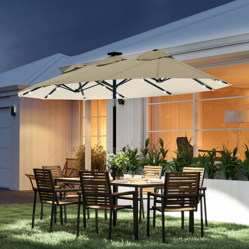 Outsunny Double-sided Patio Umbrella, 9.7' Outdoor Umbrella with Tilt and Crank, LED Solar Light and 12 Ribs, Cream White