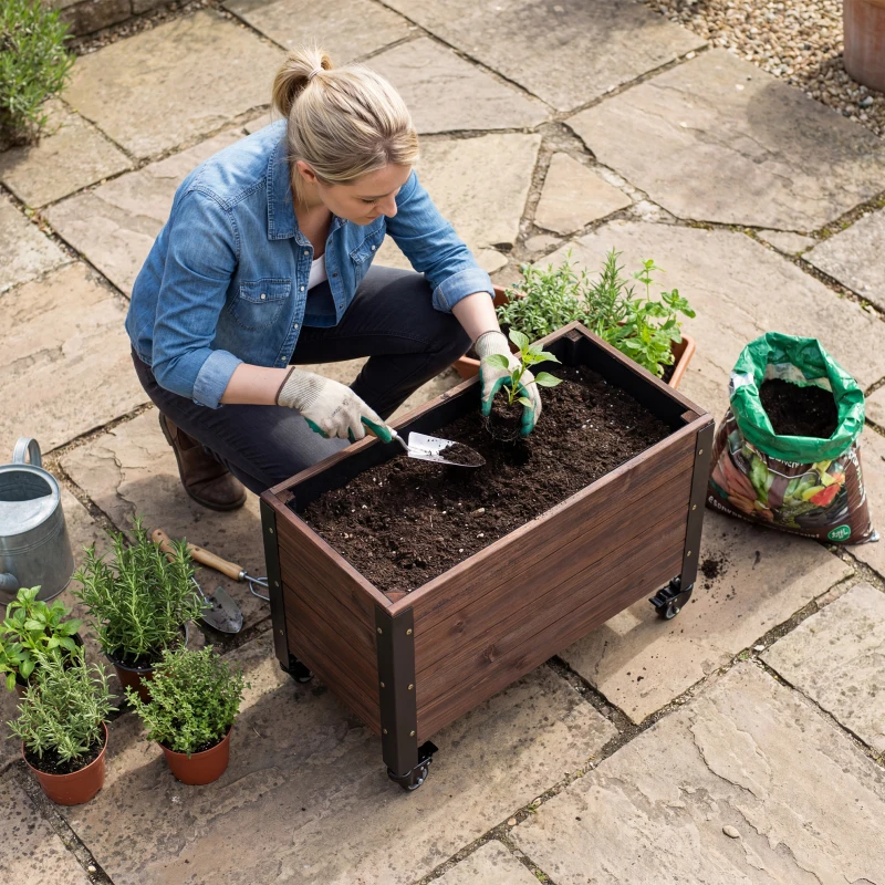 Outsunny Raised Garden Bed with Wheels & Drainage Holes, Outdoor Planter Box with Liner for Patio Balcony