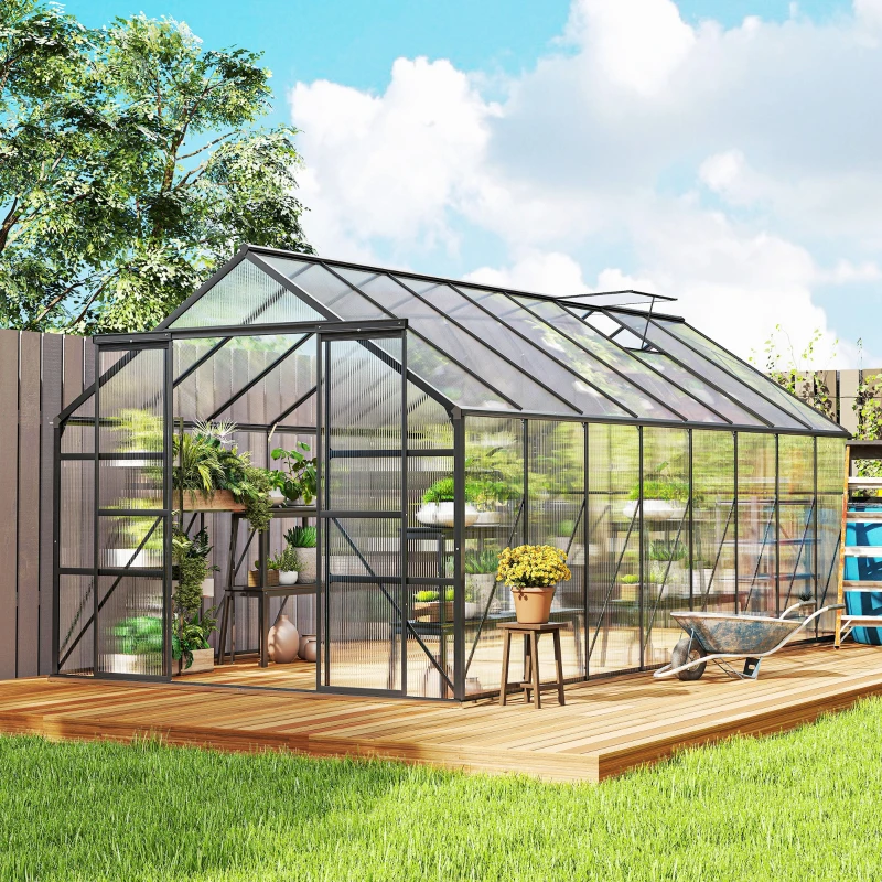 Outsunny Aluminum Greenhouse Polycarbonate Walk-in Garden Greenhouse Kit with Rain Gutter and Sliding Door, 16' x 8', Dark Grey