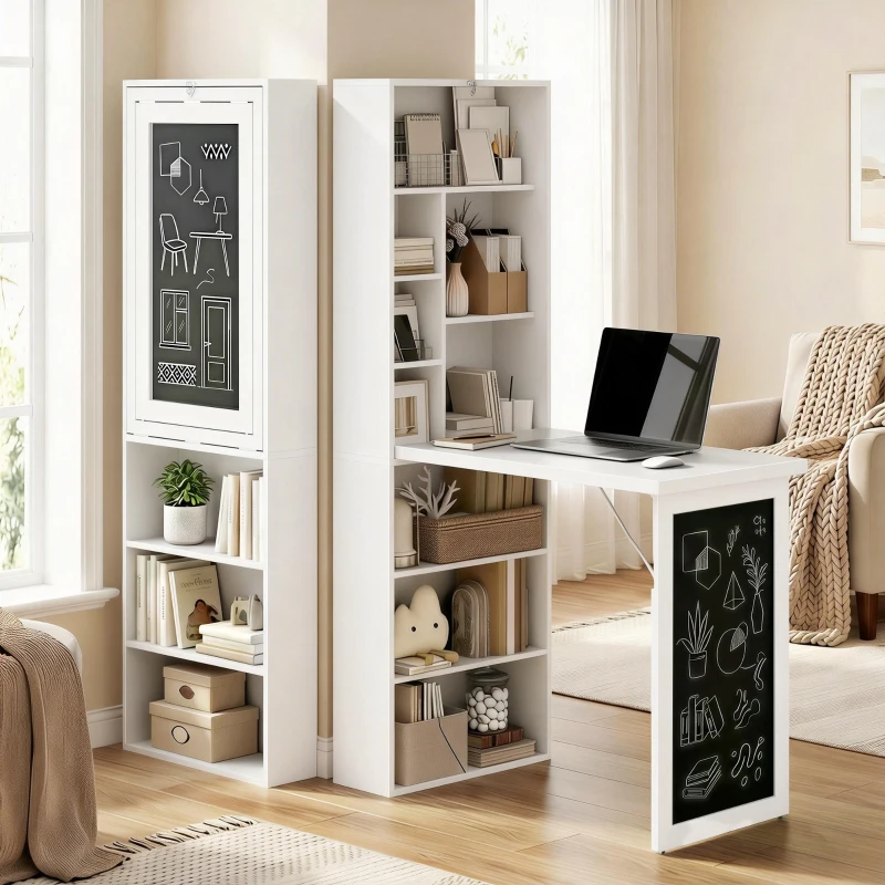 HOMCOM Fold-out Convertible Office Desk, Wall Mount Computer Desk with Blackboard and Side Shelf, White