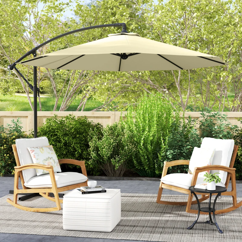 Outsunny 10' Deluxe Patio Umbrella, Outdoor Market Parasol, Banana Hanging Offset Sunshade with Crank, Cross Base, Beige