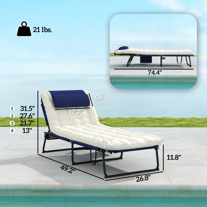 Outsunny Folding Chaise Lounge Pool Chair with 4-level Reclining Back, Cushion, Side Pocket, Headrest, Navy Blue