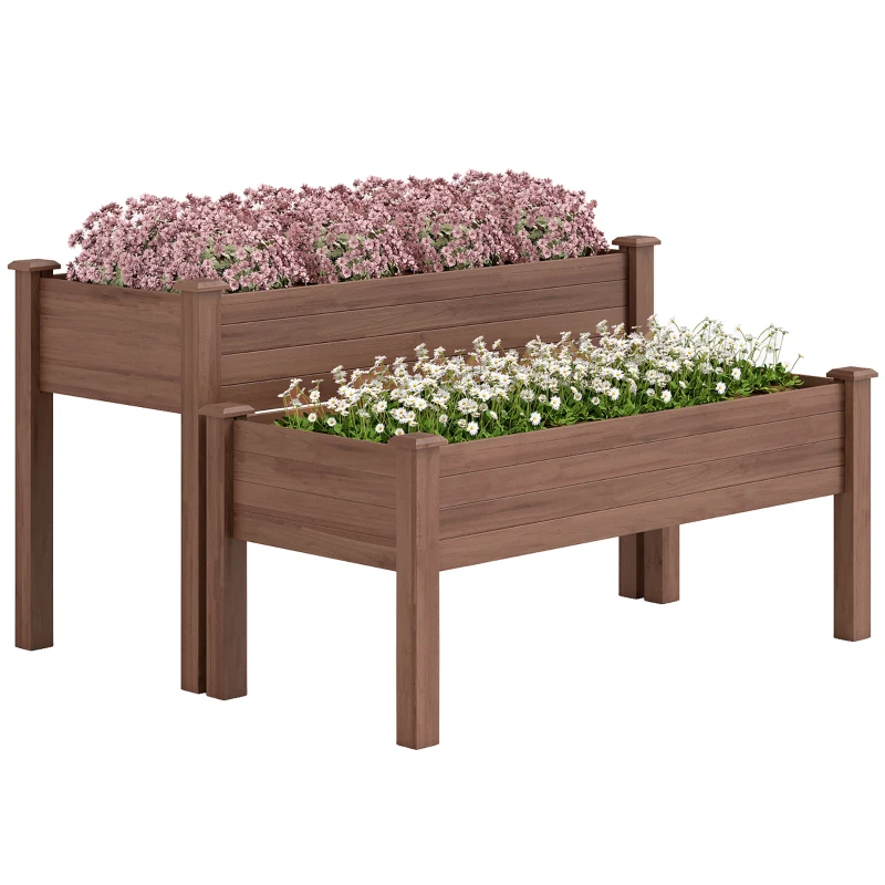 Outsunny 2 Tiers Raised Garden Bed, Wooden Elevated Planter Box with Legs, Gardening Planting Bed, Carbonised