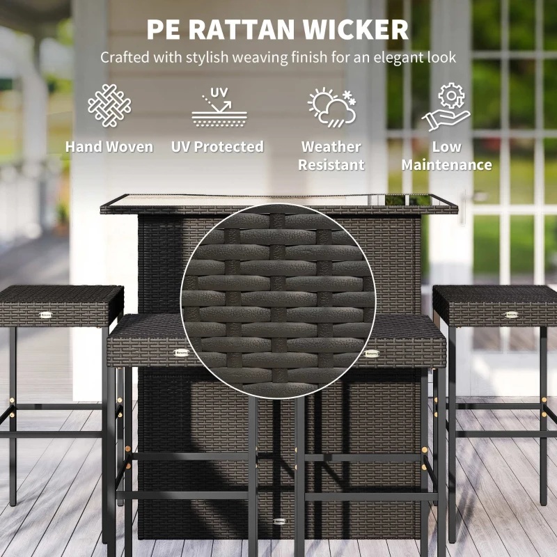 Outsunny 5 Piece Rattan Wicker Bar Set, High Top Outdoor Table and Chairs, Bar Height Patio Set, 2 Shelves & 4 Bar Stools, Brown