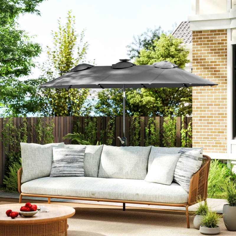 Outsunny Double-sided Patio Umbrella, 9.7' Outdoor Umbrella with Tilt and Crank, LED Solar Light and 12 Ribs, Gray