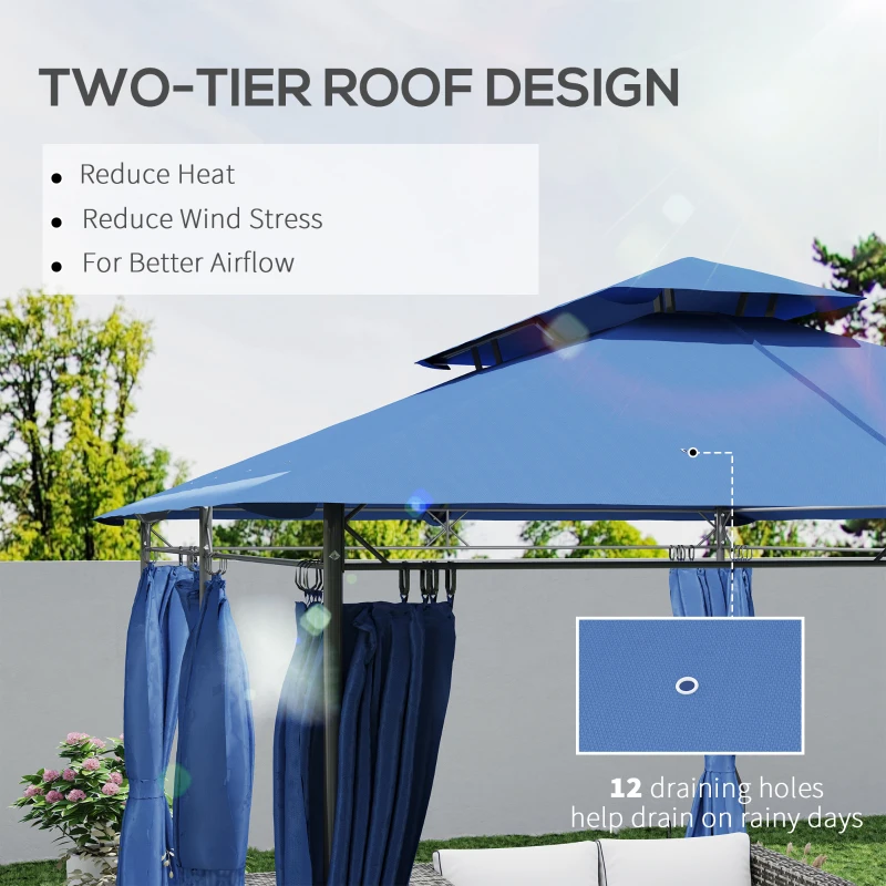 Outsunny 10' x 13' Double Roof Patio Gazebo, Outdoor Gazebo with Curtains, for Garden, Lawn, Backyard and Deck, Dark Blue